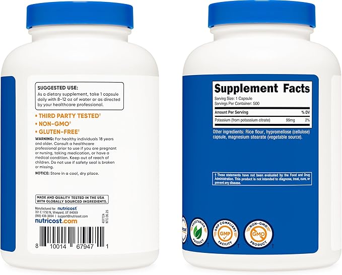 Nutricost Potassium Citrate 99mg, 500 Capsules (Pack of 2)