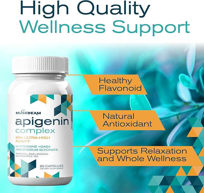 Apigenin Supplement for Rest and Relaxation Support - 50mg Apigenin per Capsule with Magnesium Glycinate 275mg L-Theanine 100mg GABA 100mg - 98% Ultra-High Purity