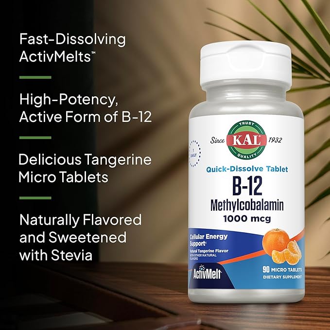 KAL Vitamin B12 Methylcobalamin 1000mcg, Healthy Energy, Metabolism, Nerve & Red Blood Cell Support,* Fast Dissolve ActivMelt, Optimal Absorption, Natural Tangerine Flavor, 90 Servings, 90 Micro Tabs