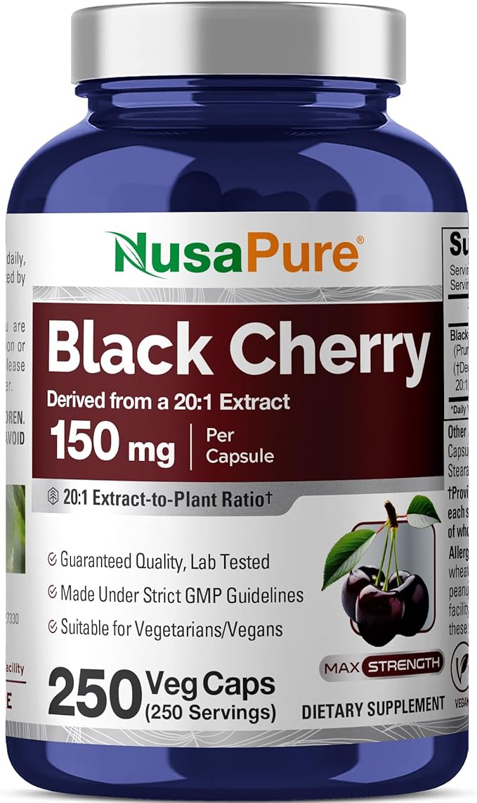NusaPure Black Cherry Extract 150mg 250 Veg Capsules Max Potency, Non-GMO, Bioperine