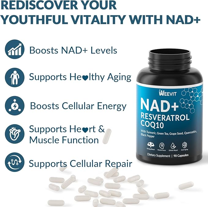 WEEVIT NAD+ Resveratrol Supplement with COQ10, Quercetin, Turmeric, NAD+ Supplement for Men and Women - Energy, Focus & Anti-Aging Support - Gluten Free, Non-GMO
