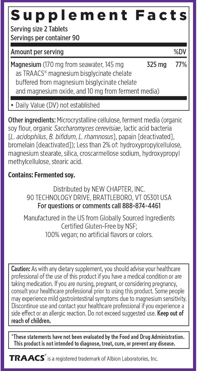 New Chapter Magnesium Complex Supplement, 325mg with Magnesium Glycinate + Sea-Sourced + Fermented Forms for Heart, Bone, Nerve, Muscle & Cellular Energy, 100% Vegan, 180 Tablets