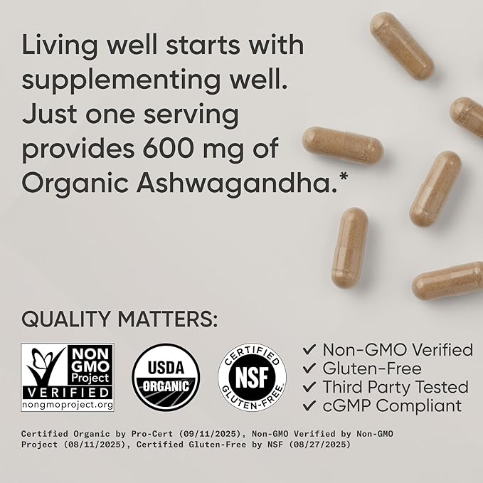Sports Research® Organic Ashwagandha – Adaptogen for Relaxation, Calm & Sleep Support – Made with Organic KSM-66® – 600 mg – Non-GMO Verified, Gluten-Free, Certified Vegan – 90 Veggie Capsules