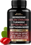 Berberine with Ceylon Cinnamon | Bitter Melon (Karela) | Apple Cider Vinegar | Hawthorn Berry | Citrus Bergamot | Turmeric - 15-in-1 Supplement for Heart Support, Metabolism & Energy - 60 Capsules