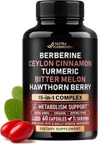Berberine with Ceylon Cinnamon | Bitter Melon (Karela) | Apple Cider Vinegar | Hawthorn Berry | Citrus Bergamot | Turmeric - 15-in-1 Supplement for Heart Support, Metabolism & Energy - 60 Capsules