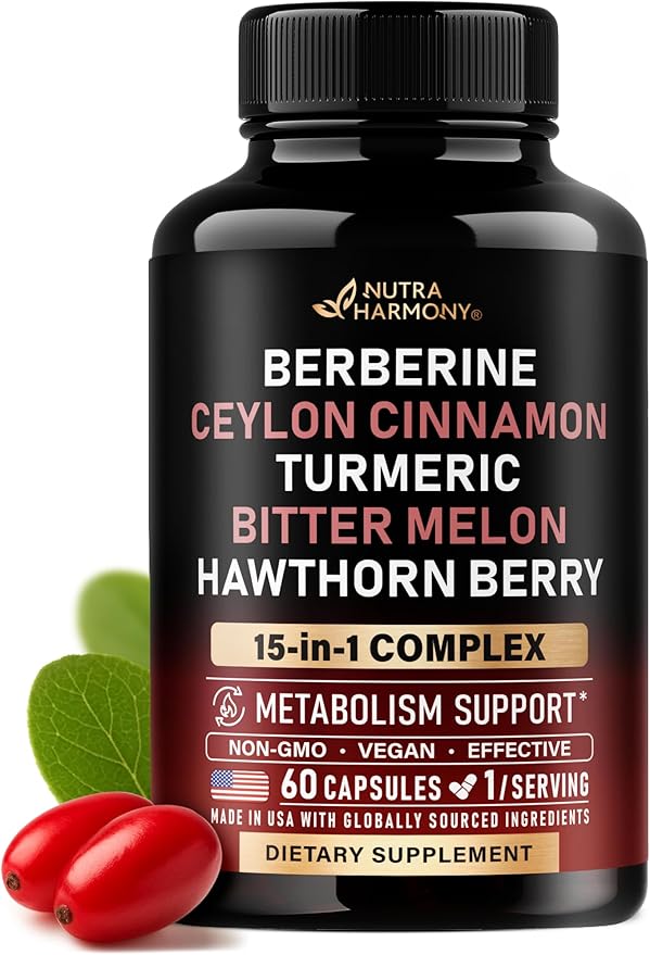 Berberine with Ceylon Cinnamon | Bitter Melon (Karela) | Apple Cider Vinegar | Hawthorn Berry | Citrus Bergamot | Turmeric - 15-in-1 Supplement for Heart Support, Metabolism & Energy - 60 Capsules