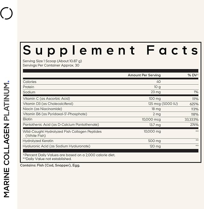Codeage Marine Collagen Protein Powder Supplement Platinum - Biotin 10,000 mcg, Vitamin C, D3 & B6, Keratin, Hyaluronic Acid, Niacin, Wild Caught Hydrolyzed Fish Collagen Peptides - Non-GMO - 11.50 oz