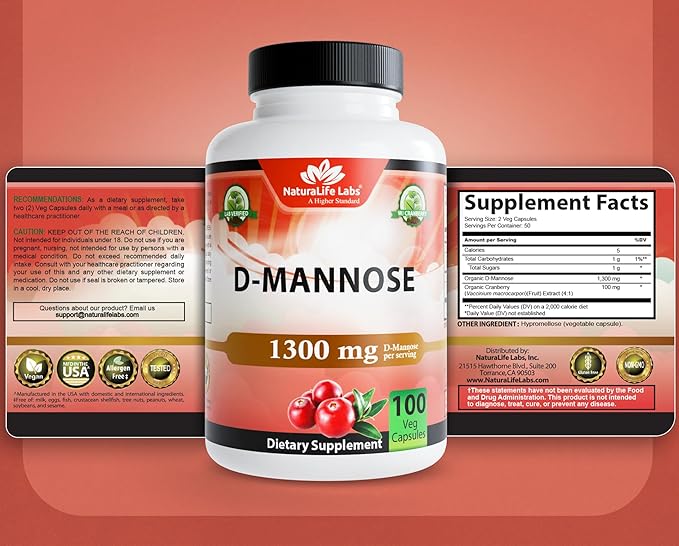 NaturaLife Labs Organic D-Mannose 1300 mg with Organic Cranberry Extract 100 mg per Serving – 100 Capsules – Non-GMO, Gluten-Free, Vegan