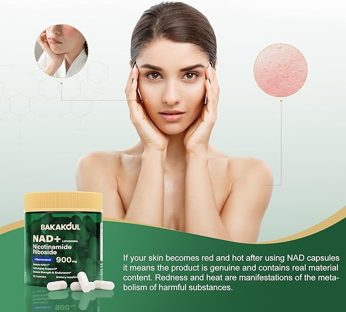 BAKAKOUL NAD Supplement - Liposomal Nicotinamide Riboside, Resveratrol, Quercetin, NAD Nicotinamide Riboside Resveratrol 900mg, NAD+ Supplement for Men and Women, 80 Capsules 1 Pack