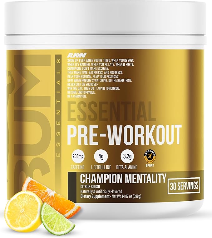 RAW Essential Pre-Workout Powder (Champion Mentality) - Chris Bumstead Sports Nutrition Supplement for Men & Women - Preworkout Energy Powder with Caffeine, L-Citrulline, L-Tyrosine & Beta Alanine