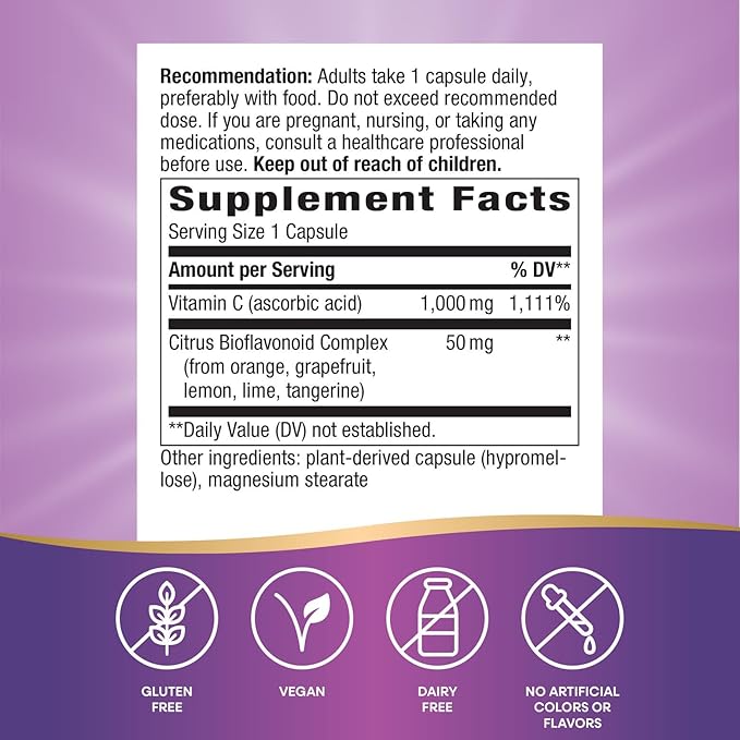 Nature's Way Extra Strength(1) Vitamin C with Bioflavonoids, Supports Immune Health*, Promotes Collagen Production for Healthy Skin*, 1,000 mg per Capsule, 100 Vegan Capsules (Packaging May Vary)