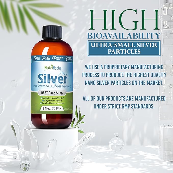 NutriNoche Colloidal Silver Liquid - Premium Silver for Immune Support - Organic Plata Coloidal para Tomar - 99.99% Ultra Pure Nano Particles for Optimal Absorption - 30 ppm 8 oz