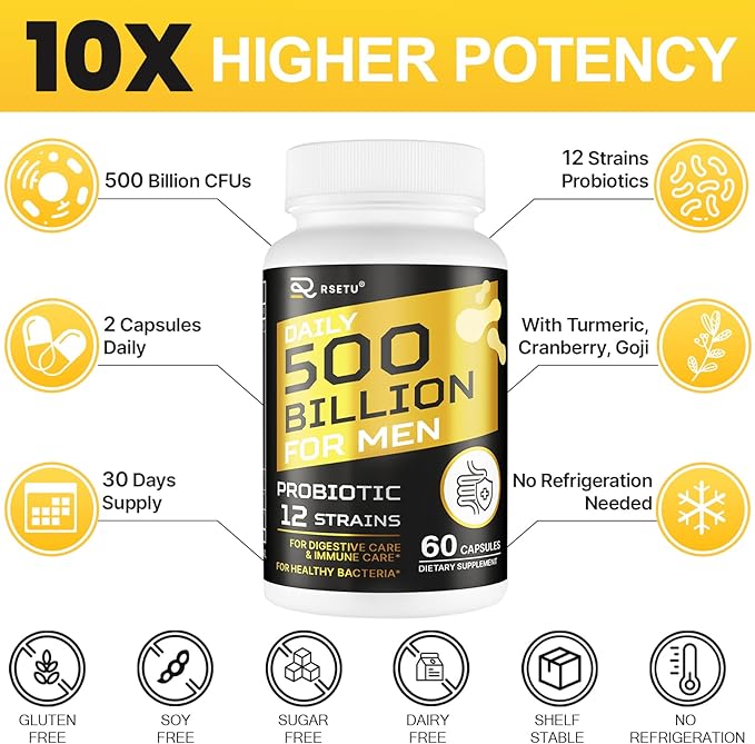 Probiotics for Men, 500 Billion CFUs & 12 Strains Mens Probiotic with Turmeric Cranberry, Goji, Gut Health for Men, for Digestive Health, Gut, Bloating & Gas, Immune, Energy Support, 120-Day Supply