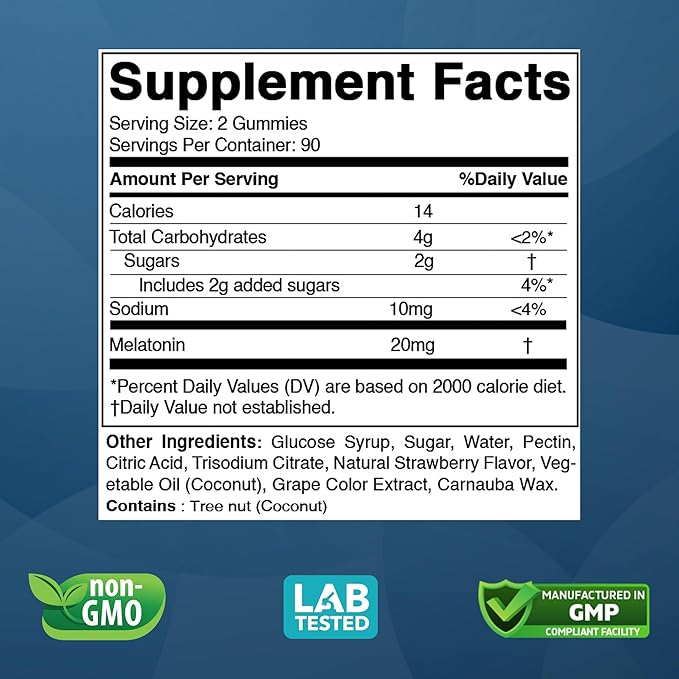 Vitabod Melatonin 20mg Gummies - 180 Count - Drug Free - Natural Strawberry Flavor - Vegetarian, Non-GMO, Gluten Free (3 Bottles)