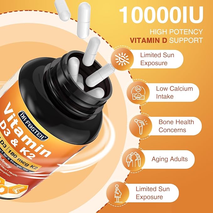 DRFOSTER Vitamin D3 K2, 10000 IU Vitamin D3 Plus 180 mcg of Vitamin K2, Supplements for Adults for Bone & Heart Health Support, 120 Capsules