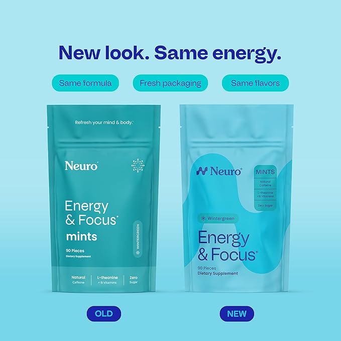Neuro Energy & Focus Mints - Sugar Free Breath Mints with 40mg Natural Caffeine, B Vitamins & L-Theanine - Vegan Brain Supplement for Exercise, Study & Daily Focus - Wintergreen, 90 ct