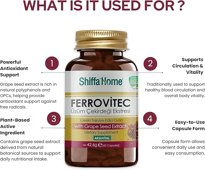 shiffahome FerroVitec Capsules 710 mg – 60 Capsules | Grape Seed Extract with Herbal Blend, Vitamins & Minerals | Plant-Based Dietary Supplement