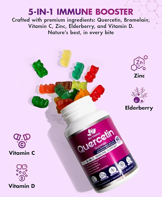 Quercetin Gummies by BioVitalica - Quercetin with Bromelain Vitamin C and Zinc & Elderberry + Vitamin D3-5 in 1 Immune Support - Zinc Quercetin 750 mg for Kids and Adults (1)