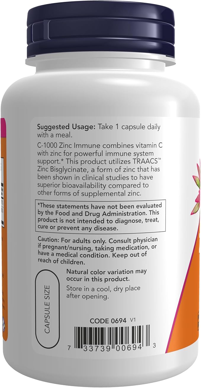 NOW Foods Supplements, C-1000 & Zinc Immune, Seasonal Support Formula*, Antioxidant Protection*, 90 Veg Capsules
