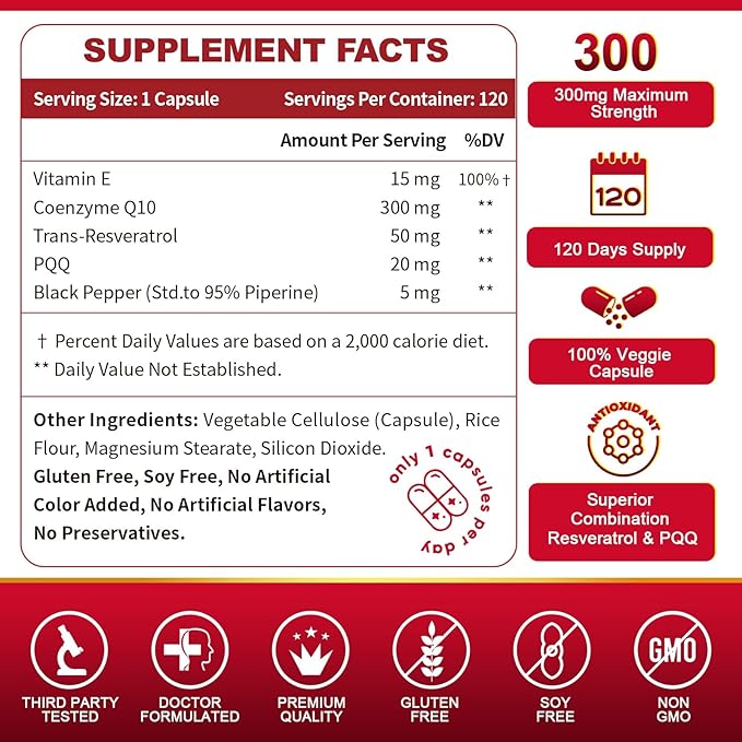 ZEBORA CoQ10-300mg with Trans-Resveratrol, PQQ & Vitamin E - High Absorption Coenzyme-Q10 with BioPerine - Powerful Antioxidant for Heart & Energy-Production,120 Veggie Capsules