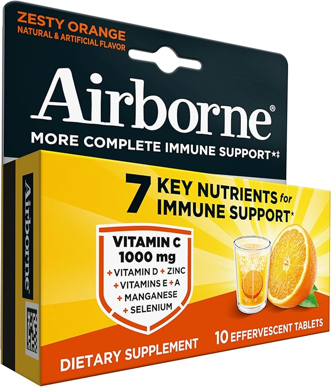 Airborne Immune Support Effervescent Tablets, Zesty Orange Flavor - 10ct with 1000mg Vitamin C + Vitamins A, D, E, Zinc, Selenium, Manganese & Herbal Blend - Sugar‑Free, Gluten‑Free