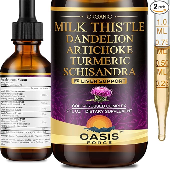 2 Pack Milk Thistle Drops for Liver Cleanse Detox & Repair, Milk Thistle Extract Liquid Supplement with Dandelion & Artichoke for Liver Support, Vegan, Organic, Alcohol-Free, 4 FL OZ