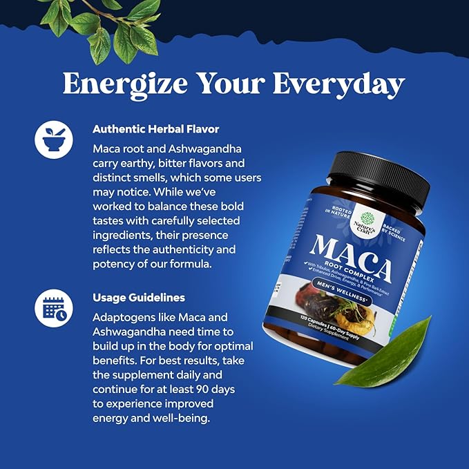 Potent Black Maca Root Capsules for Men - Herbal Wellness Supplement with Siberian Ginseng Ashwagandha and Black Maca Root - Men’s Wellness Supplement to Support General Health - 120 Count