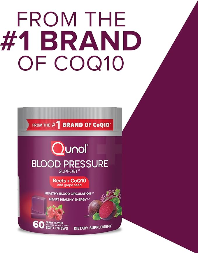 Qunol Beets Chews for Blood Pressure Support,3 in 1 Beets + CoQ10 + Grape Seed Extract,Supports Healthy Blood Circulation & Heart Healthy Energy,60 Chews,(Pack of 2)