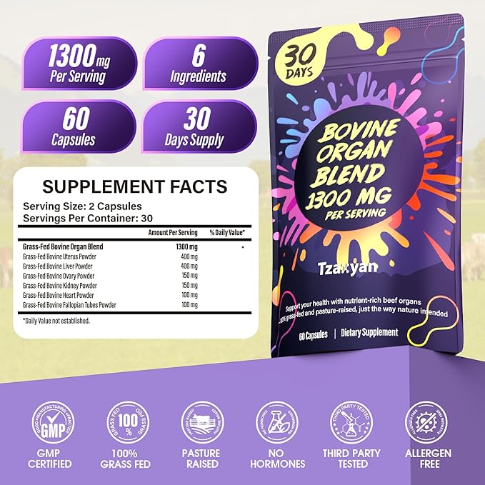 1300MG Beef Organ Supplement for Women, 100% Grass Fed Beef Liver, Uterus, Ovary & 3 More, Bovine Organ Capsules for Supports Women's Overall, Endocrine Balance, Energy, Immunity, 30 Days