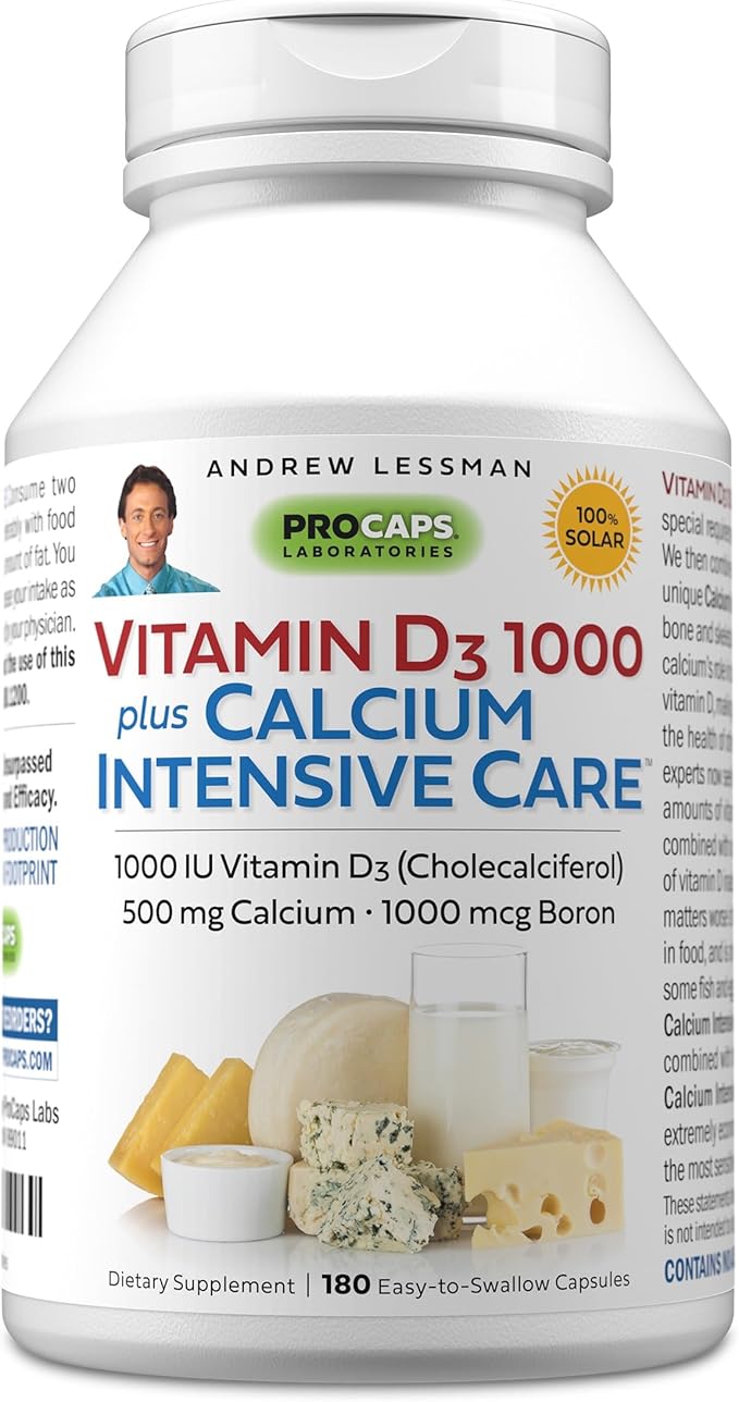 ANDREW LESSMAN Vitamin D3 1000 Plus Calcium Intensive Care 180 Capsules - Essential for Calcium Absorption, Supports Bone Health, Healthy Muscle Function. Gentle, Easy-to-Absorb. No Additives
