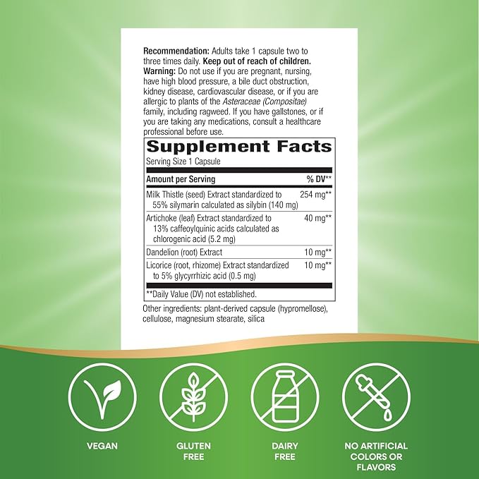 Nature's Way Super Milk Thistle, Promotes Healthy Liver Function*, With Artichoke Leaf, Dandelion Root & Licorice Root Extracts, Milk Thistle Extract, Gluten Free, 120 Capsules (Packaging May Vary)
