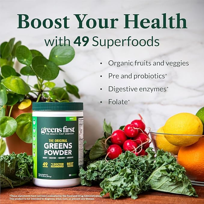 Greens First Original Greens Powder - 49 Superfoods - Organic Fruits & Veggies - Prebiotics, Probiotics & Digestive Enzymes - Antioxidant - Dairy Free/Vegan/Non-GMO (Strawberry Kiwi, 60 Servings)