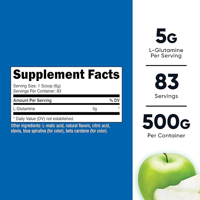 Nutricost L-Glutamine Powder Supplement (Green Apple) 500g - Gut Support, 5 Grams per Serving, Sweetened with Stevia - Gluten Free, Non GMO