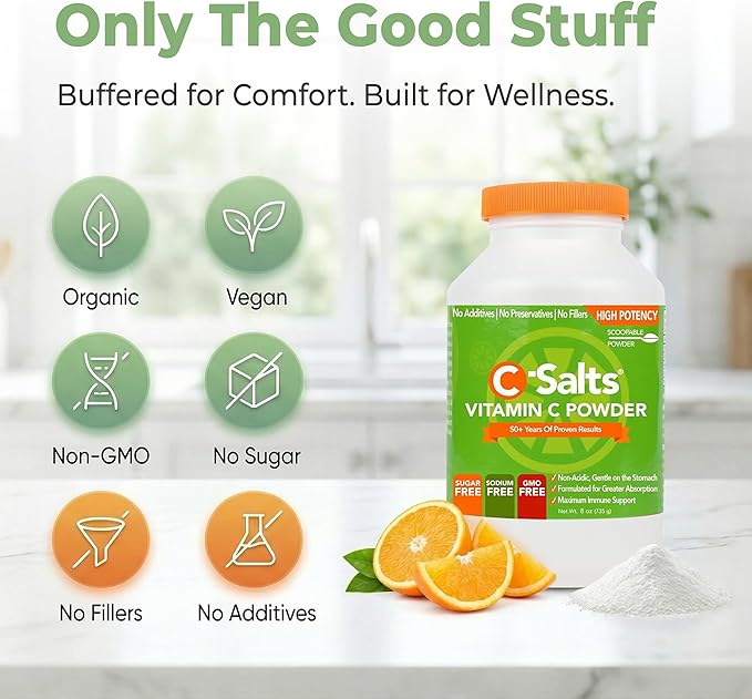 C-Salts Vitamin C Powder - 100% Pure Buffered Ascorbic Acid Powder for Daily Immune Support & Collagen Production - Stomach-Friendly Organic Vegan Non-GMO Sugar-Free - 84 Servings - Original, 8oz