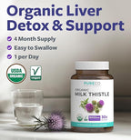 PURE CO USDA Organic Milk Thistle Capsules - 80% Silymarin Supplement for Liver Support- Super Concentrated 300mg of 30:1 Milk Thistle Extract Liver Detox 120 Day Supply