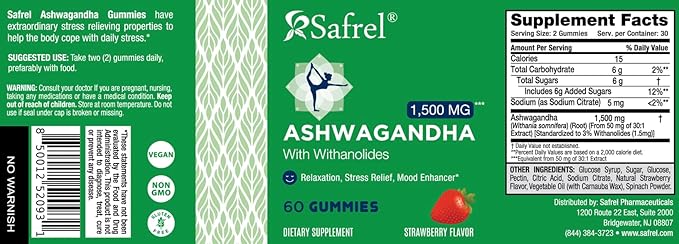 Safrel Ashwagandha Gummies Supplement - 60 Count - Strawberry, KSM-66, Vegan, Plant Based, Non-GMO, Gluten-Free & Gelatin Free