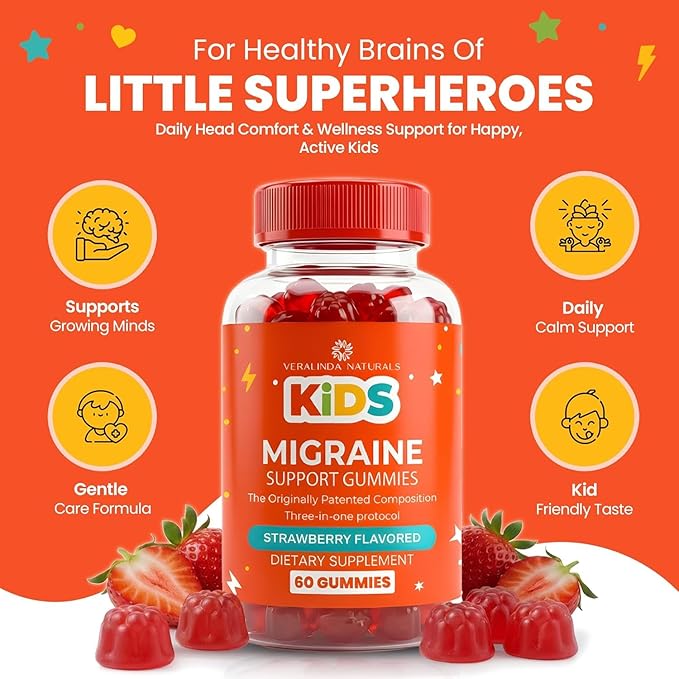 Kids Migraine Gummies – Original Triple Protocol Formula, 60 Gummies with Magnesium, Riboflavin B2 & Feverfew – Natural Brain Health Supplement for Migraine Wellness Support for Children