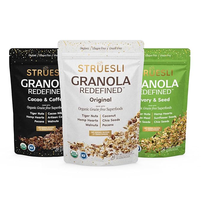 Struesli Granola Variety Pack, Organic Grain & Gluten Free Healthy Snacks, Keto & Paleo Friendly, Includes Original, Cacao & Coffee and Savory & Seed Flavors, Prebiotic Fiber, 3 Count, 9 Oz Each