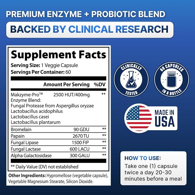 Digestive Enzymes with Probiotics – Broad Spectrum Enzyme Formula for Digestive Support, Bloating & Gas Relief, Lactase, Protease, Lipase – 60 Capsules
