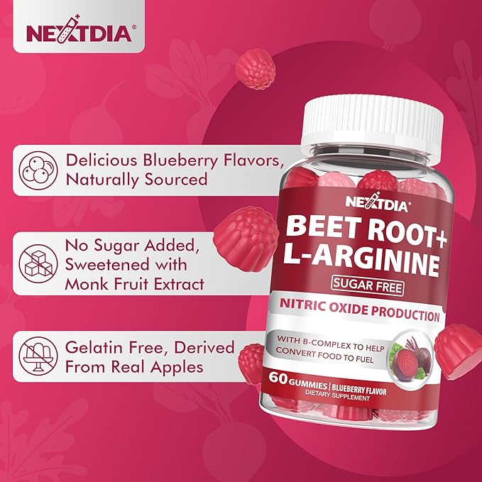 Beet Root Gummies, Beetroot & L-Arginine, Red Beets Supplements w/ Vitamin B1, B2, B3, B5, B6, Folate, B12 for Energy Boost & Circulation Support, Sugar Free Nitric Oxide Gummies, 120 Beet Chews