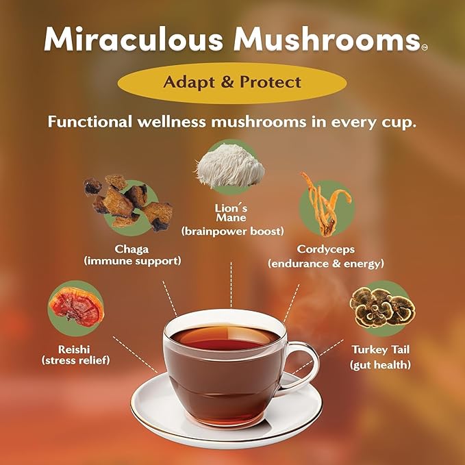 Teeccino Miraculous Mushrooms Adapt & Protect Herbal Tea By Teeccino, 10 Tea Bags - Five Organic Adaptogenic Mushrooms with Chicory & Cacao, 3x More Herbs than Regular Tea Bags, Caffeine Free, Prebiotic