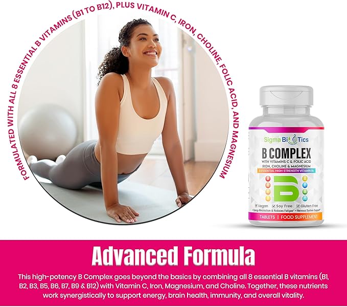 B Complex with Vitamin C, Folic Acid, Iron, Choline & Magnesium - Advanced High Potency B1, B2, B3, B5, B6, B7, B9, B12 - Energy & Nervous System Support - Vegan, Non-GMO 120 Tablets