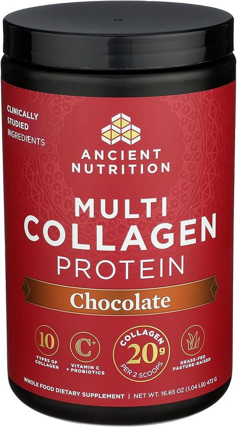 Ancient Nutrition Hydrolyzed Collagen Peptides Powder with Probiotics, Chocolate Multi Collagen Protein for Women and Men with Vitamin C, 40 Servings, Supports Skin and Nails, Gut Health, 16.65oz
