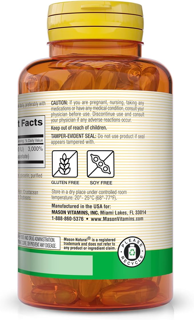 MASON NATURAL Vitamin E, 450 mg (1,000 IU), Daily Dietary Supplement with Essential Nutrient for Overall Wellness, 50 Softgels (Pack of 1)