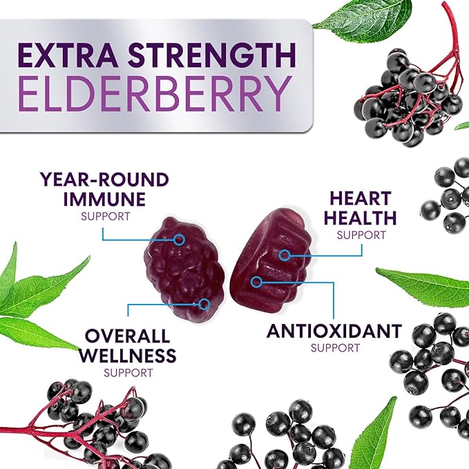 Elderberry Gummies - 3X Strength Black Elderberry Immune Support Gummy with Vitamin C, D3 and Zinc for Kids & Adults, Immune Health Support Supplement Gummy, Black Elder Berry Vitamins - 60 Gummies