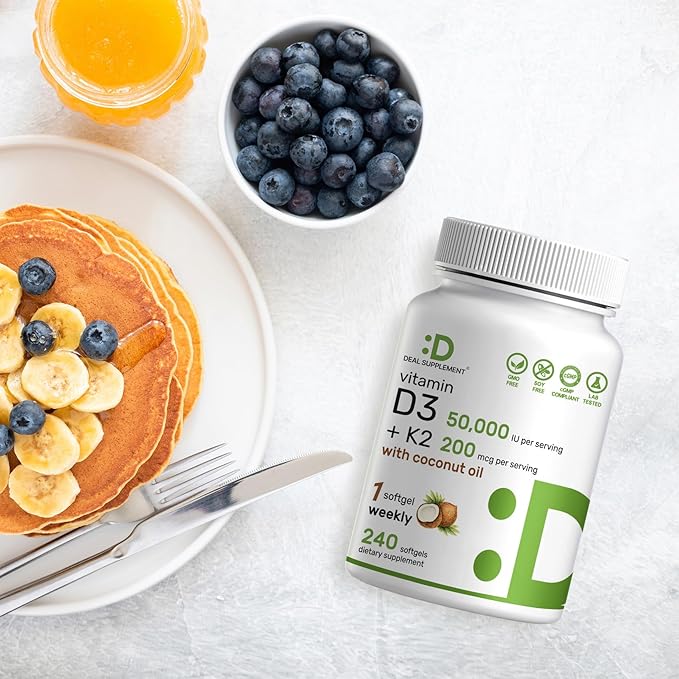 DEAL SUPPLEMENT Vitamin D3 50,000 IU + K2 MK7 200mcg Softgels, 240 Count | 2-in-1 Complex with Virgin Coconut Oil | Supports Heart, Bone, Teeth & Immune Health | Easy to Swallow