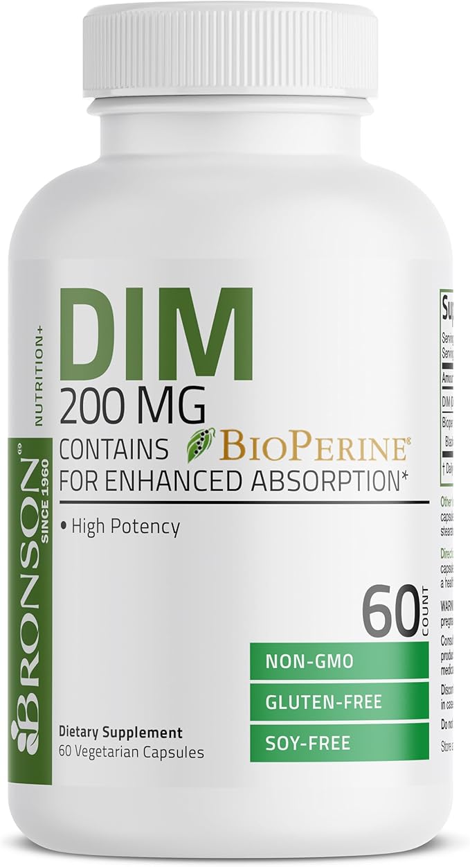 Bronson DIM 200 MG Supplement Diindolymethane with BioPerine for Enhanced Absorption, Estrogen Metabolism & Maintains Balanced Hormone Levels, 60 Vegetarian Capsules