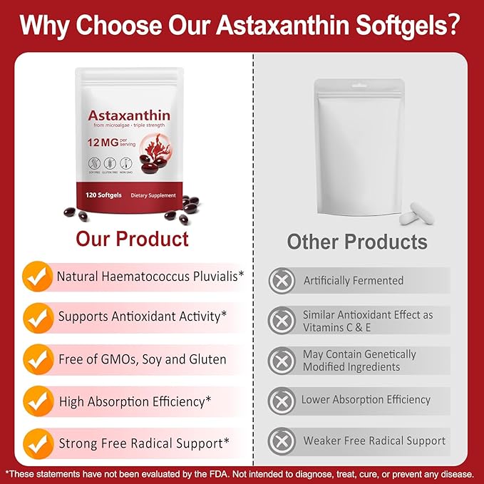 Astaxanthin Supplements 12mg, Premium Astaxanthin Antioxidant Supplements, Support Eye, Brain, Joint, Skin Health, 4 Month Supply, 120 Softgels, Easy to Swallow, Non-GMO