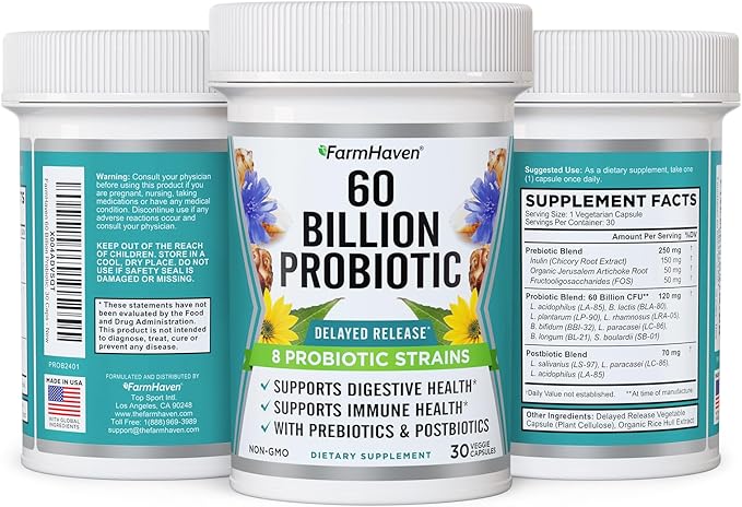 FarmHaven 60 Billion CFU Probiotic - 8 Probiotic Strains - Prebiotics & Postbiotics - Supports Digestive & Immune Health - Delayed Release - Shelf Stable - Non-GMO, Gluten Free - 30 Caps