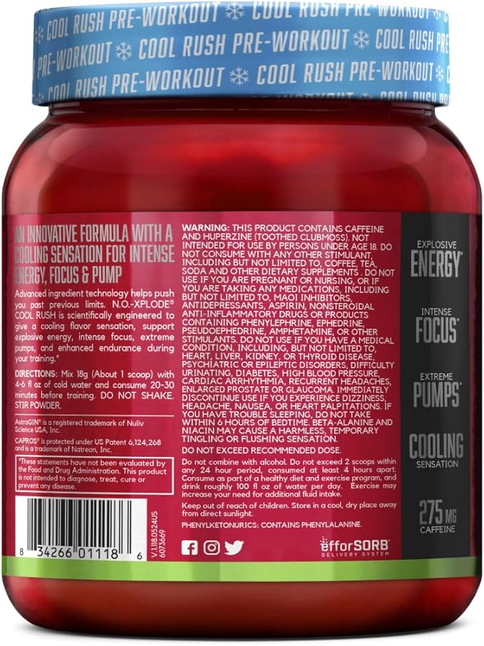 BSN N.O.-XPLODE Cool Rush Pre Workout Powder, Preworkout Energy Supplement for Men and Women with Creatine and Beta-Alanine, Cherry Lime Ice, 30 Servings, 1.2 Pound (Packaging May Vary)